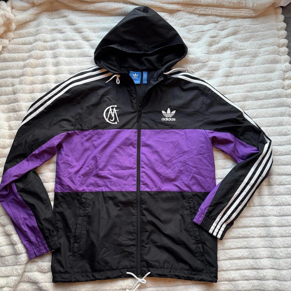 Real Madrid Adidas Original Hooded Windbreaker Jacket Soccer Purple Black Medium